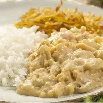 Fotografia em tons de branco, verde e pardo de uma bancada vista de frente, ao centro um prato redondo branco com arroz e strogonoff e abaixo um pano xadrez nas cores branco e verde