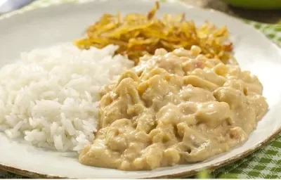 Fotografia em tons de branco, verde e pardo de uma bancada vista de frente, ao centro um prato redondo branco com arroz e strogonoff e abaixo um pano xadrez nas cores branco e verde Fotografia em tons de branco, verde e pardo de uma bancada vista de frente, ao centro um prato redondo branco com arroz e strogonoff e abaixo um pano xadrez nas cores branco e verde