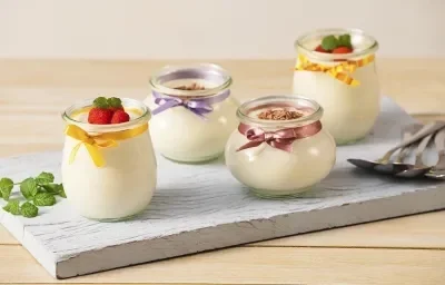 Fotografia em tons de branco e cinza, ao centro quatro potinhos sobre tábua cinza, decorados com fitas coloridas, frutas, hortelã e raspas de chocolate e contendo mousse, ao lado ramo de hortelã e quatro colheres, tudo sobre bancada de madeira. Fotografia em tons de branco e cinza, ao centro quatro potinhos sobre tábua cinza, decorados com fitas coloridas, frutas, hortelã e raspas de chocolate e contendo mousse, ao lado ramo de hortelã e quatro colheres, tudo sobre bancada de madeira.