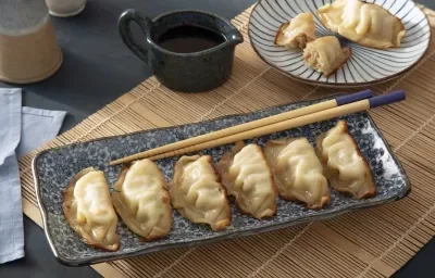 Foto da receita de Guioza. Observa-se 6 guiozas sobre uma peça de cerâmica asiática com um hashi apoiado. Atrás, um pratinho com duas guiozas e um potinho de shoyu ao lado.