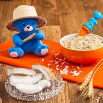 Fotografia em tons de laranja e azul de uma bancada de madeira com um paninho laranja e um pote laranja com a papinha. Na frente, fatias de coco seco decorando e uma pelúcia azul com chapéu de palha.