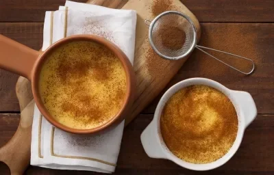 Fotografia em tons marrom e branco. Em uma mesa contém uma tábua com um pano branco em cima. Dois potes, um branco e o outro marrom, ambos estão com o cural. Fotografia em tons marrom e branco. Em uma mesa contém uma tábua com um pano branco em cima. Dois potes, um branco e o outro marrom, ambos estão com o cural.