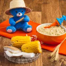 Fotografia em tons de laranja e azul de uma bancada de madeira com um paninho laranja e um potinho com uma papinha dentro. A frente uma espiga de milho ao meio, pedaços de coco e atrás um ursinho de pelúcia azul com um chapéu de palha.
