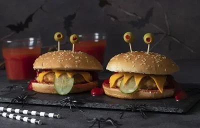 Fotografia de um hamburguer com carinha de "monstro", mostrando as camadas de frango empanado, pepino, queijo.