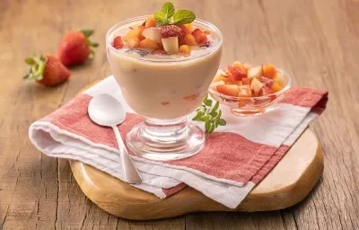 Foto em tons de vermelho da receita de taça cremosa de frutas servida em uma taça de vidro sobre um pano listrado com uma colher prateada e uma taça menor com pedaços de frutas ao lado. Tudo sobre uma tábua de madeira e há morangos ao fundo