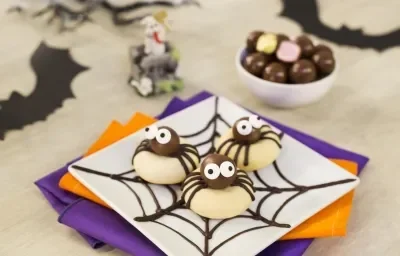 Imagem aproximada de um prato quadrado branco com três biscoitos em formatos de aranhas. A bancada está decora com papéis em tons roxo e laranja e alguns morcegos de mentira.