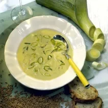 Fotografia de um prato branco fundo com um caldo de alho poró, com uma colher de cabo amarelo apoiada sobre a sopa, que tem pedaços de alho poró em cima. Ao redor, um alho poró inteiro, duas fatias de pão, uma taça vazia e grãos, sobre uma mesa verde.