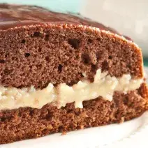 Fotografia em tons de branco, marrom e azul. Um prato branco contém uma fatia de bolo de chocolate com recheio de coco.