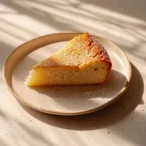 Fotografia de um pedaço de bolo de mel polvilhado com açúcar de confeiteiro, que está sob a luz do sol, apoiado em um prato na cor bege. O bolo está sobre uma mesa branca.