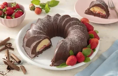 Foto em tons claros da receita de bombom de morango servida em um prato de porcelana grande branco com uma porção de morangos. Ao lado, há raspas de chocolate meio amargo e ao fundo, um bowl rosa com morangos e um pedaço do bombom com um garfo prateado