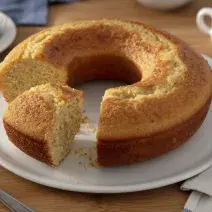 Fotografia em tons de amarelo em uma bancada de madeira de cor marrom. Ao centro, um prato branco contendo o bolo em cima. Ao fundo, um pires branco com uma fatia de bolo e uma xícara branca com café.