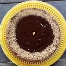 Foto da receita de Torta de Amendoim. Observa-se uma torta com ganache e farofa de amendoim em cima sobre um prato de amendoim.