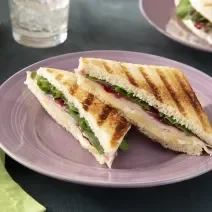 Foto da receita de Panini de Peito de Peru e Queijo Brie. Observa-se um sanduíche cortado na metade sobre um prato de sobremesa lilás recheado.