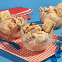 Fundo azul com bandeja quadriculada vermelha e branca, colheres azuis e com um pote transparente, dentro o sorvete de passatempo com biscoitos passatempo recheado de chocolate.