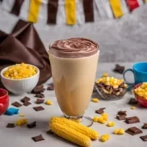 Fotografia de um copo alto com um creme amarelo, com uma cobertura de chocolate.
