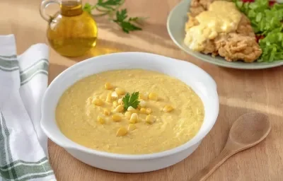 Foto da Receita de Creme de Milho Sem Lactose. Observa-se um recipiente branco com o creme de milho dentro e, atrás, um prato de filé à milanesa servido com o creme