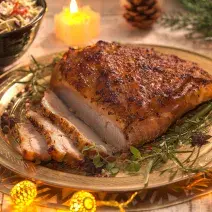 Fotografia em tons de amarelo em uma bancada de madeira, um prato redondo dourado com o pernil em cima dele, ao lado, um potinho com o salpicão. Ao fundo, decoração e enfeites natalinos.