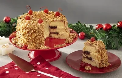 Foto com decoração natalina da receita de bolo de coroa de frankfurt servida sobre uma bailarina vermelha com um pedaço cortado ao lado sobre um prato de porcelana vermelho. Tudo isso em cima de uma mesa branca