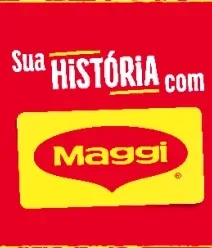 Fotografia com fundo vermelho, logo de MAGGI e texto em branco.