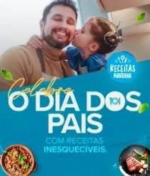 Imagem de uma menina dando um beijo no seu pai com o texto Celebre o Dia dos Pais e 2 fotos de receitas