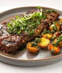 Receitas para Começo de Mês Fotografia de um prato raso com uma peça de fraldinha e batatas bolinhas assadas e cortadas na metade.