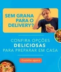 Fotografia azul com escritos brancos, um quadrado amarelo com escritos de cor azul com fotos de comida em formato arredondado