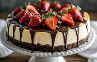 Fotograifa mostra uma torta de três camadas, com base escura de biscoito NEGRESCO, recheio cremoso de morango e cobertura brilhante de ganache de chocolate, decorada com morangos frescos e raspas de chocolate.
