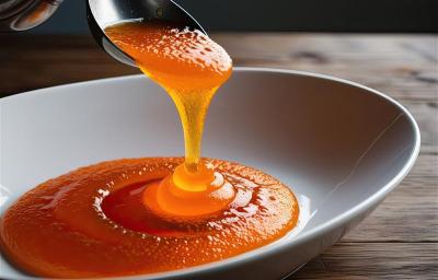 Imagem de um recipiente de vidro contendo uma calda laranja escorrendo por uma colher. Imagem de um recipiente de vidro contendo uma calda laranja escorrendo por uma colher.
