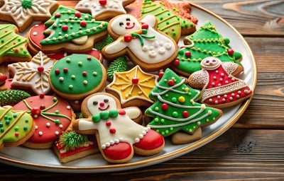 Em cima de uma mesa, prato com biscoitos em formato de árvores de Natal, bonecos de neve e biscoito redondos, decorados com glacê colorido e confeitos coloridos de bolinhas verde e vermelho.