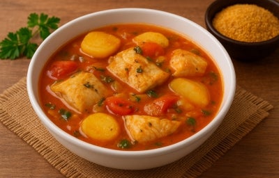 Fotografia de um recipiente médio branco e fundo com uma receita de caldeirada de filhote com batatas e tomate, salpicado com cheiro verde. Fotografia de um recipiente médio branco e fundo com uma receita de caldeirada de filhote com batatas e tomate, salpicado com cheiro verde.