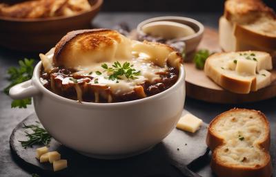 Fotografia de um recipiente branco fundo na cor branca com uma sopa de queijo fundido, com um pão por cima já assado. Ao redor, fatias de pães e pedaços de queijo decorando, sobre uma mesa preta.