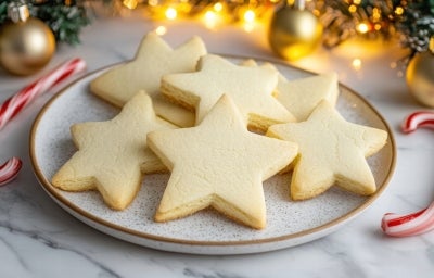 Em cima de uma mesa decoradas enfeites de natal, prato com biscoitos em formato de estrelas.