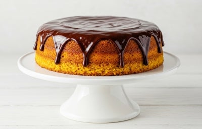 Um bolo de cenoura inteiro, com cobertura de chocolate brilhante escorrendo pelas laterais, sobre um prato de pedestal branco. O bolo tem uma aparência alta, dourada e bem assada, com cobertura uniforme no topo.