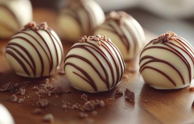 Fotografia mostra trufas natalinas dispostas em uma travessa decorativa, cobertas com chocolate branco decoradas com fios de chocolate.