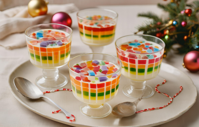 Receita de Gelatina Arco-Íris de Natal, tradicional e colorida, feita com gelatinas diferentes, Leite MOÇA e NESTLÉ Creme de Leite, servida em taças transparentes em uma mesa decorada para o natal Receita de Gelatina Arco-Íris de Natal, tradicional e colorida, feita com gelatinas diferentes, Leite MOÇA e NESTLÉ Creme de Leite, servida em taças transparentes em uma mesa decorada para o natal