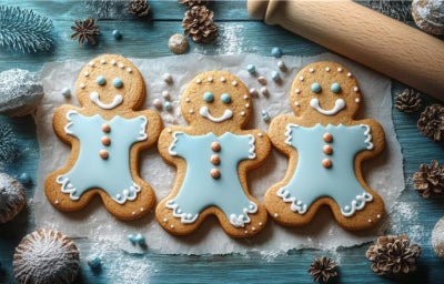Fotografia em tons de azul com biscoito em formato de urso e enfeites natalinos