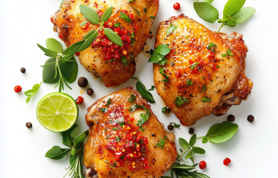 A imagem mostra cortes de sobrecoxa de frango decorado com ervas A imagem mostra cortes de sobrecoxa de frango decorado com ervas