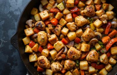Fotografia vista de cima de cubos de frango com batata em cubos também e mais alguns legumes picados dentro de uma frigideira preta funda sobre uma mesa escura. Fotografia vista de cima de cubos de frango com batata em cubos também e mais alguns legumes picados dentro de uma frigideira preta funda sobre uma mesa escura.