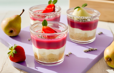 Fotografia em tons de roxo com três copinhos ao centro. Dentro de cada copo existe um doce que possui três camadas. Todos os doces estão cobertos por uma calda de morango e morangos. Ao fundo existe peras e morangos. Fotografia em tons de roxo com três copinhos ao centro. Dentro de cada copo existe um doce que possui três camadas. Todos os doces estão cobertos por uma calda de morango e morangos. Ao fundo existe peras e morangos.