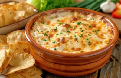 Prato de porcelana marrom com queijo gratinado e pedaços de salsinha picada. Prato de porcelana marrom com queijo gratinado e pedaços de salsinha picada.
