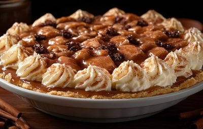 Em cima de uma mesa, refratário redondo com massa crocante, doce de leite, decorado com chantilly, bananas e uvas-passas.