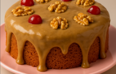 Imagem de um bolo em tons de marrom e dourado, coberto por uma calda marrom/bege que escorre pelas laterais, decorado com cerejas vermelhas e nozes. O bolo é redondo e está apoiado em um prato rosa claro. Imagem de um bolo em tons de marrom e dourado, coberto por uma calda marrom/bege que escorre pelas laterais, decorado com cerejas vermelhas e nozes. O bolo é redondo e está apoiado em um prato rosa claro.