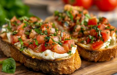 Fotografia de uma receita de crostini com queijo e tomates no pão, sobre uma tábua de madeira.