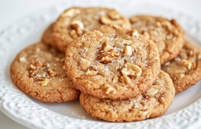 Em cima de uma mesa, prato redondo branco com biscoitos com nozes picadas e açúcar cristal.