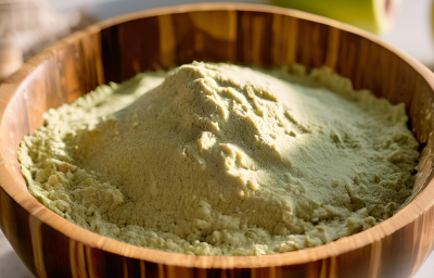 Foto aproximada da receita de Farinha da Felicidade, em tom verde claro, servida em um recipiente de madeira