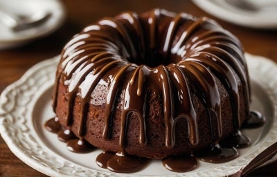 Fotografia de um bolo de chocolate em forma de bundt, coberto com um rico glacê de chocolate, apresentado em um prato decorativo.