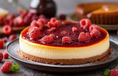 Fotografia em tons de vermelho com um prato preto recondo ao centro. Em cima do prato existe uma receita de cheesecake coberto com uma calda de frutas vermelhas e várias amoras. Fotografia em tons de vermelho com um prato preto recondo ao centro. Em cima do prato existe uma receita de cheesecake coberto com uma calda de frutas vermelhas e várias amoras.