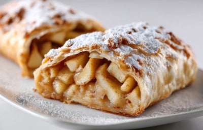 Fotografia em tons claros de um strudel de maçã cortado ao meio, sobre um prato branco raso. O strudel mostra o rechieo de maçã em pedaços com canela, e por cima tem açúcar de confeiteiro. Fotografia em tons claros de um strudel de maçã cortado ao meio, sobre um prato branco raso. O strudel mostra o rechieo de maçã em pedaços com canela, e por cima tem açúcar de confeiteiro.