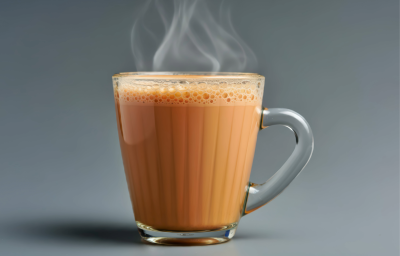 Caneca de vidro com bebida quente cremosa e vapor saindo da superfície, sobre fundo cinza.