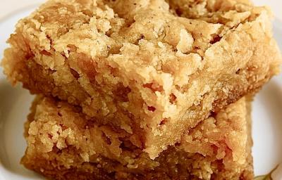 Fotografia de dois pedaços de blondie com coco sobrepostos sobre um prato branco raso com desenho. Fotografia de dois pedaços de blondie com coco sobrepostos sobre um prato branco raso com desenho.